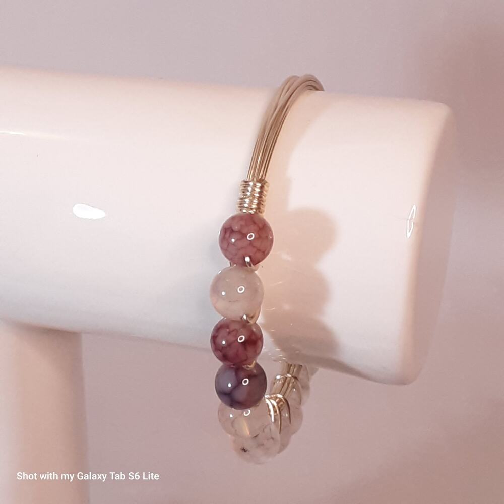 💎Artisan Bracelet Gold Tone Wired Wrapped Brown White Translucent Beads